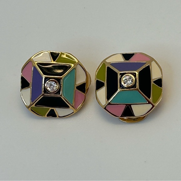 Gold Tone Geometric Shaped Enamel Clip On Earrings - Picture 3 of 10